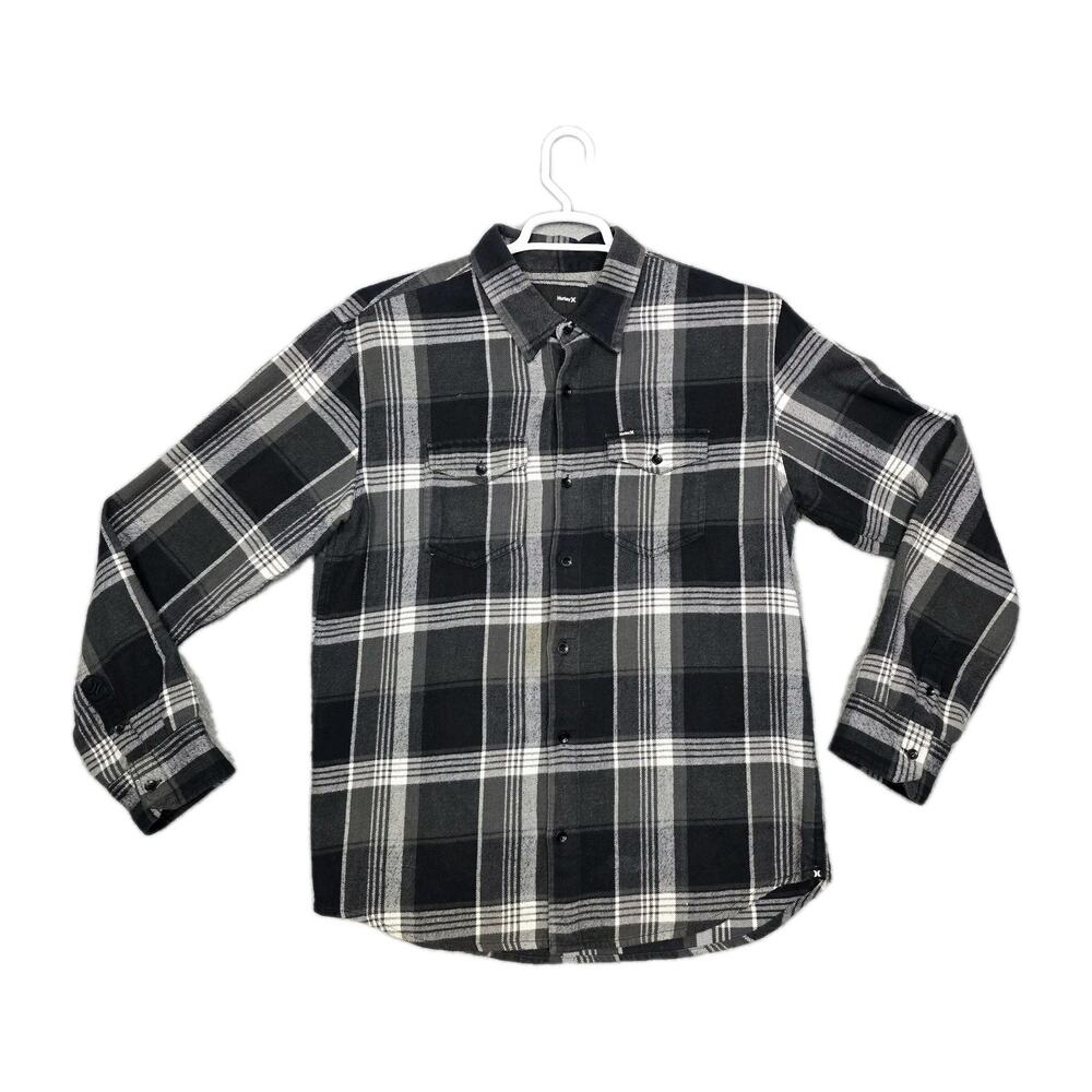 Hurley Classic Fit Flannel Shirt Plaid Mens Size Medium Long Sleeve Gray Tartan